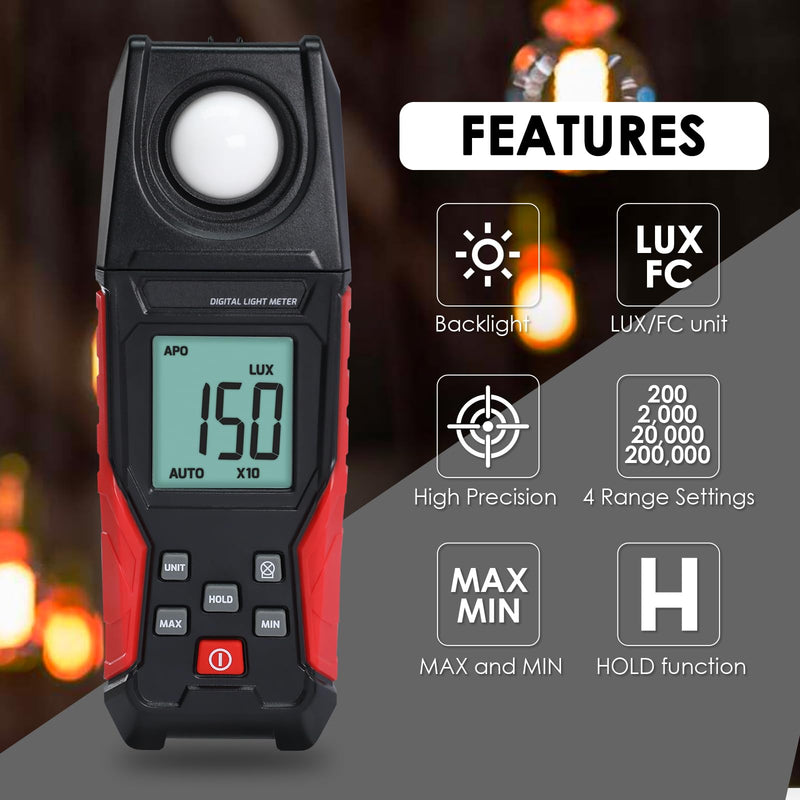 [Australia - AusPower] - Light Meter Digital Illuminance Lux Meter 0.1~200,000 LUX (0.01~20000FC) with Backlight Luxmeter, Lighting Intensity Brightness Measurement for Indoor Outdoor Plants Film Photography Lumen Meter 