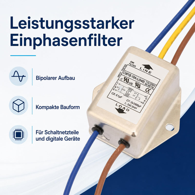 Jadeshay EMI Filter, CW1B-10A-L(040) Single-Phase Filter EMI Mains Filter 125/250V | High performance, for suppressing continuous and intermittent pulse interference