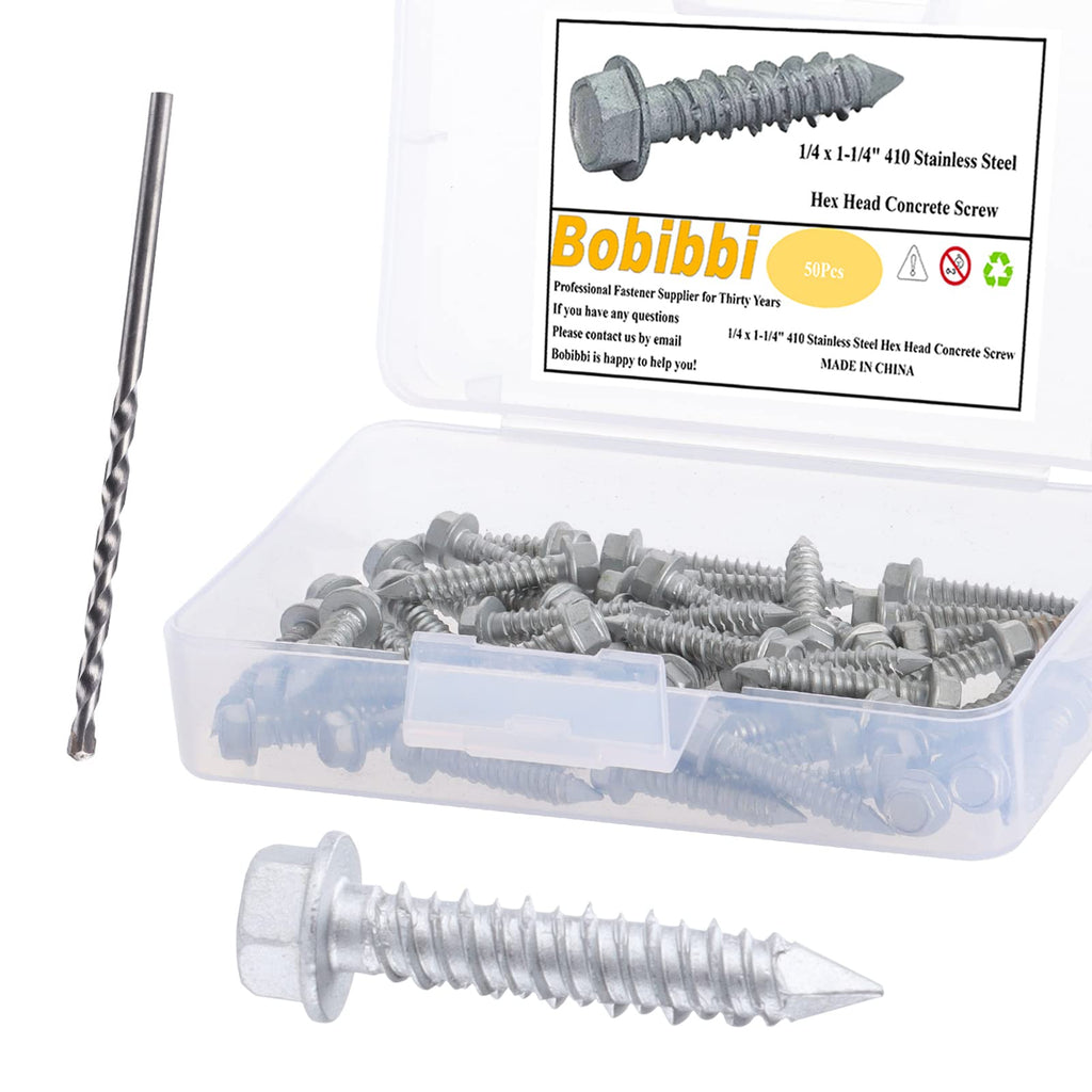 1/4 x 1-1/4" 410 Stainless Steel Hex Head Tapcon Concrete Screw Anchor, for Anchoring to Masonry, Block or Brick (50Pcs) 1/4 x 1-1/4"