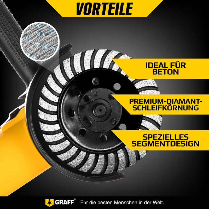 [Australia - AusPower] - GRAFF Diamond Grinding Disc 115 mm for Angle Grinders - Diamond Cup Wheel for Stone, Concrete, Tile Adhesive, Granite, Masonry - Professional Turbo Sanding Disc Diameter 115 mm - Turbo grinding wheel 