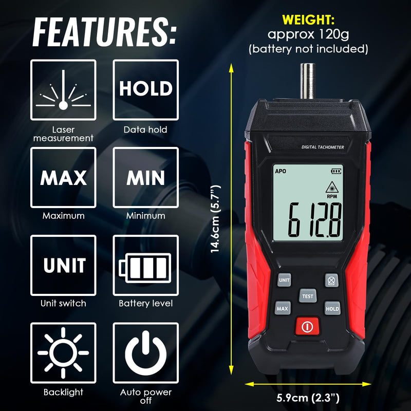 [Australia - AusPower] - 2-in-1 Digital Tachometer, Contact Tachometer with 3 to 19,999 RPM Tachometer Tester and Non-Contact Laser Photo Sensor, Contact Probes and Reflective Markings 