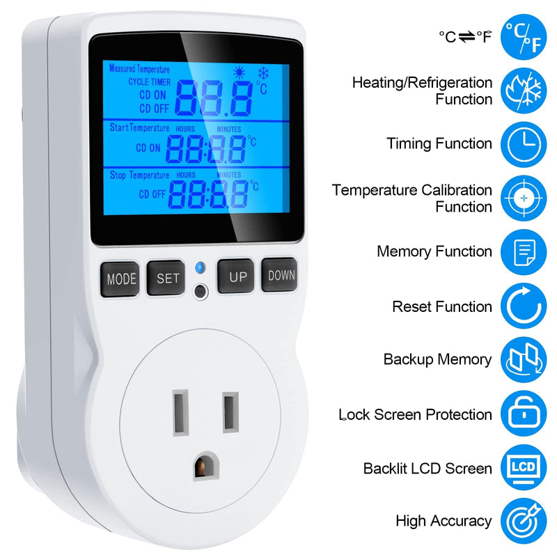 [Australia - AusPower] - Digital Temperature Controller Thermostat Timer - Reptile Thermostat Controller Day Night Timer 110V Temperature Controlled Outlet Plug Heating Cooling Control with Sensor ?TC816? TC816 