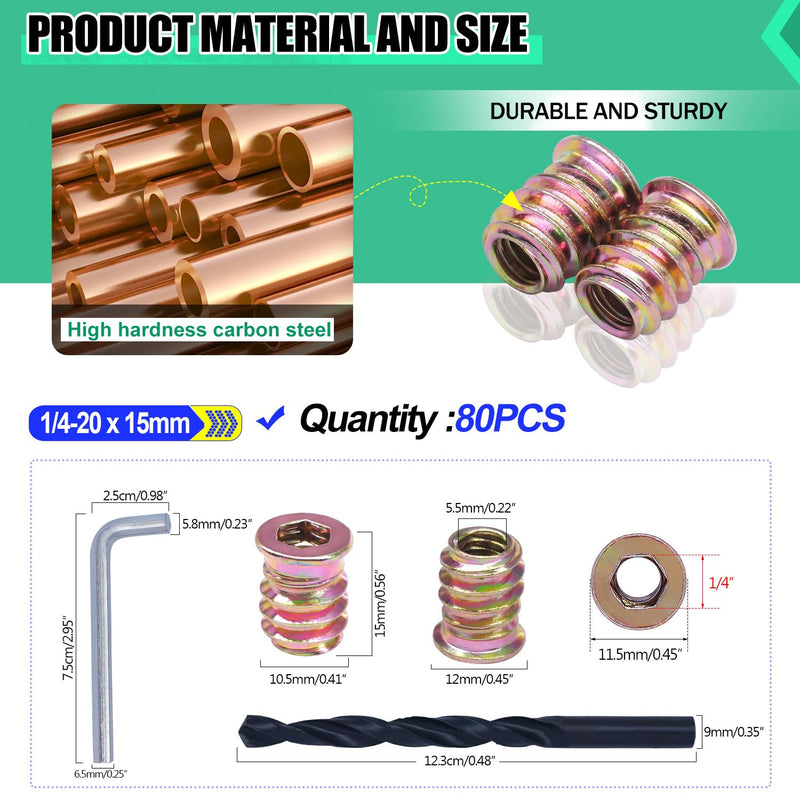 Twidec/80PCS 1/4"-20 Threaded Inserts for Wood Furniture Screw-in Nut Wood Inserts Bolt Assortment Kit with M6 Hex Wrench (1/4"-20 x15mm) N-059 1/4"-20 X15mm