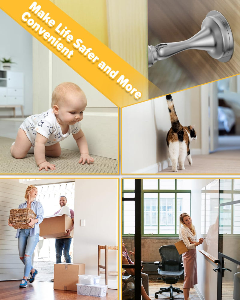 [Australia - AusPower] - Door Stoppers Magnetic Door Catch - 2 Pack Stainless Steel Heavy Duty Door Holder Stops for Bottom Top of Door - Wall Floor Mounting No Drill 3M Adhesive & Screws Strong Magnet Keep Door Open Silver 