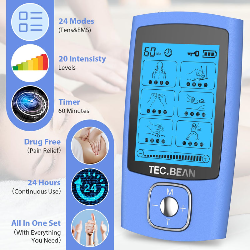24 Modes Tens Unit Muscle Stimulator, Rechargeable Tens Machine with 8 Electrode Pads (American Gel), Electric Pulse Massager for Pain Relief Therapy（Blue） B-blue