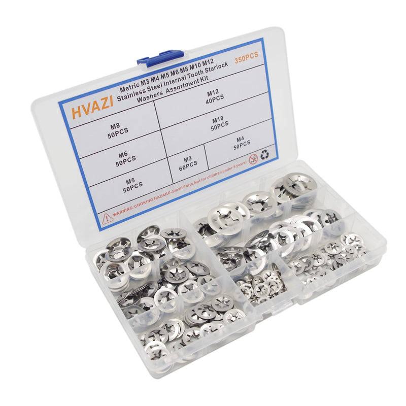 [Australia - AusPower] - 350PCS Metric M3 M4 M5 M6 M8 M10 M12 Stainless Steel Internal Tooth Starlock Washers Assortment Kit;External Push Rings;Push On Washers;Push Nuts for Unthreaded Shafts 