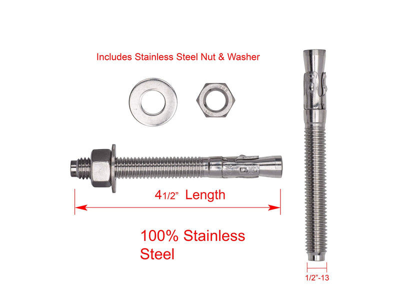 [Australia - AusPower] - Bolt Dropper 1/2" X 4-1/2" Wedge Anchor (5pc), 18-8 Stainless Steel Corrosion Resistant Commercial Grade Washers and Nuts Included Choose Size 1/2" x 4-1/2" 
