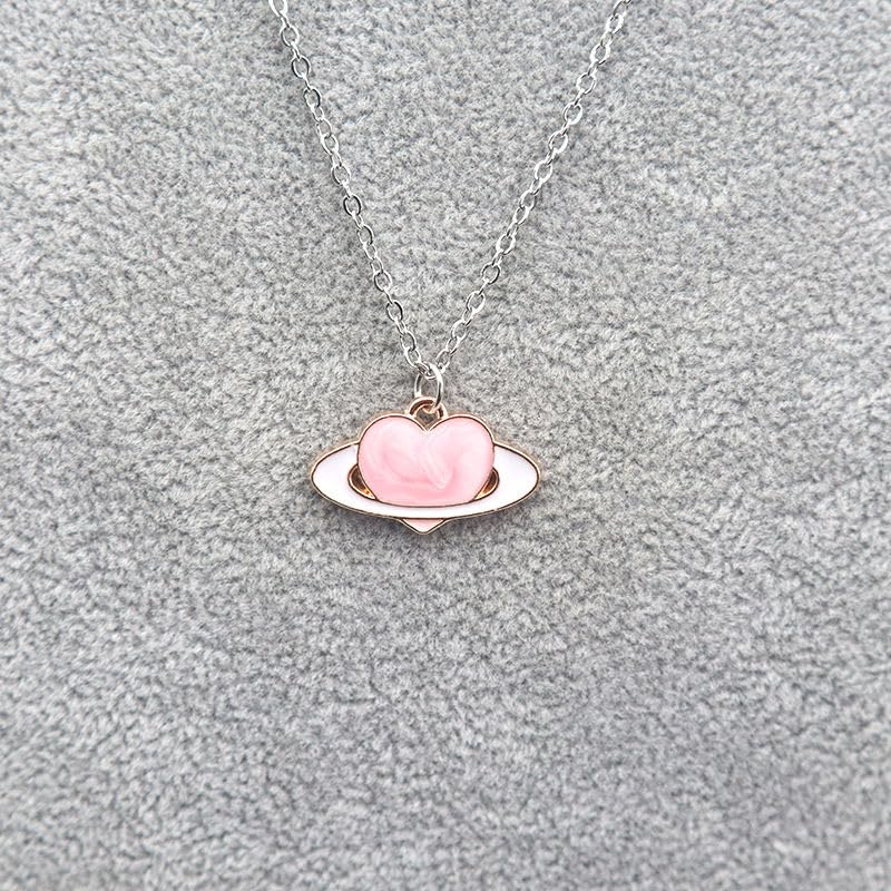 Cute Enamel Pink Heart Planet Necklace Pendant Dainty Silver Plated Chain Jewelry for Women Birthday Party Gifts, 18 inch, Medium, Base Metal, No Gemstone, Medium, Metal, No Gemstone