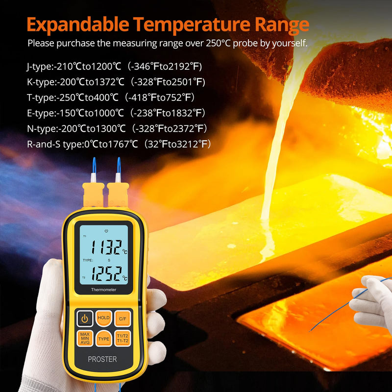 [Australia - AusPower] - Proster Digital Thermometer with 2 Dual Channel K-Type Thermocouples Sensor Probe LCD Backlight Temperature Meter Temperature Meter for Thermocouple Types K/J/T/E/R/S/N - Yellow 