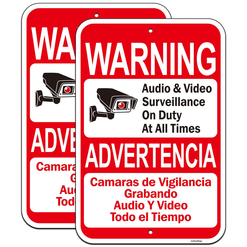 2 Pack Large Audio & Video Surveillance on Duty at All Times Bilingual Signs, 18"x12" Engineer Grade Rust Free Reflective Aluminum, Fade/Weather Resistant, UV Protected, Easy to Install