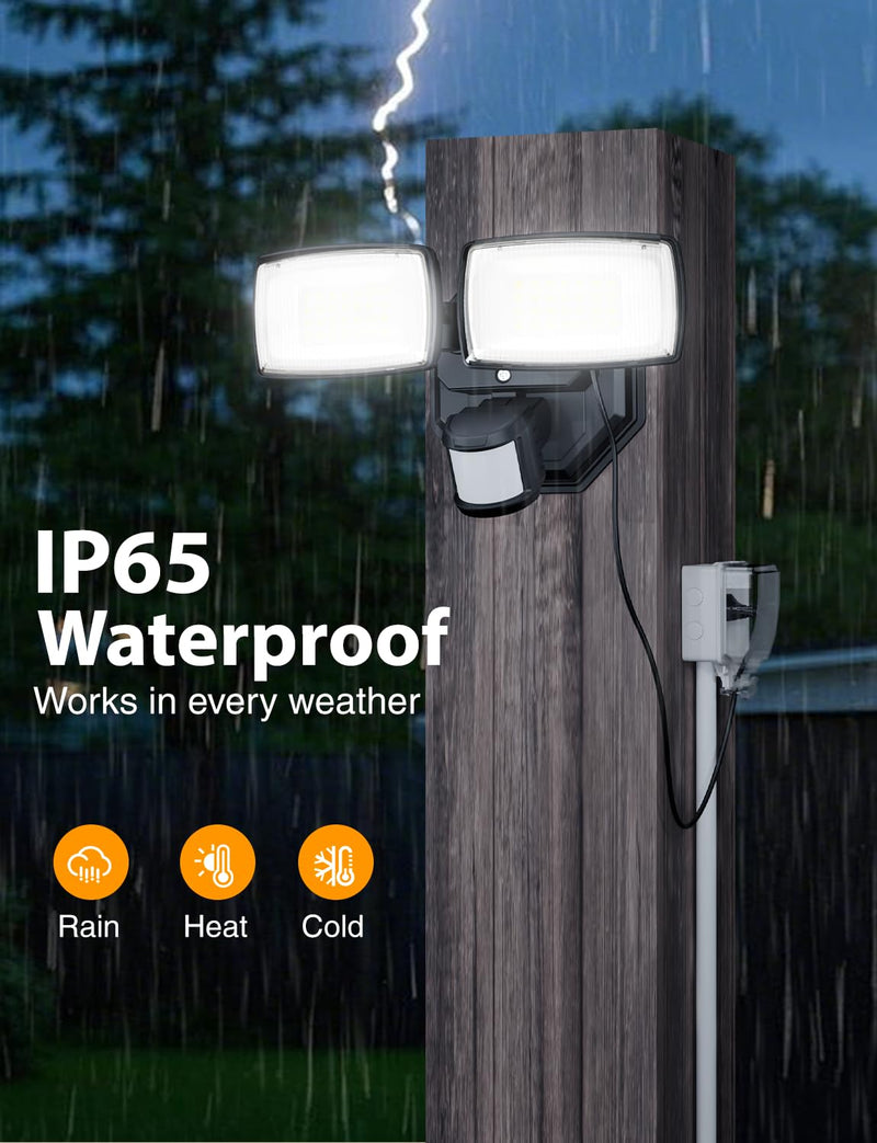 Onforu 32W Plug in Motion Sensor Lights Outdoor, 3200LM Motion Flood Light Dusk to Dawn, IP65 Waterproof Led Security Light Outside, 2 Heads Motion Activated Wall Light for Garage, Porch, Yard - Black