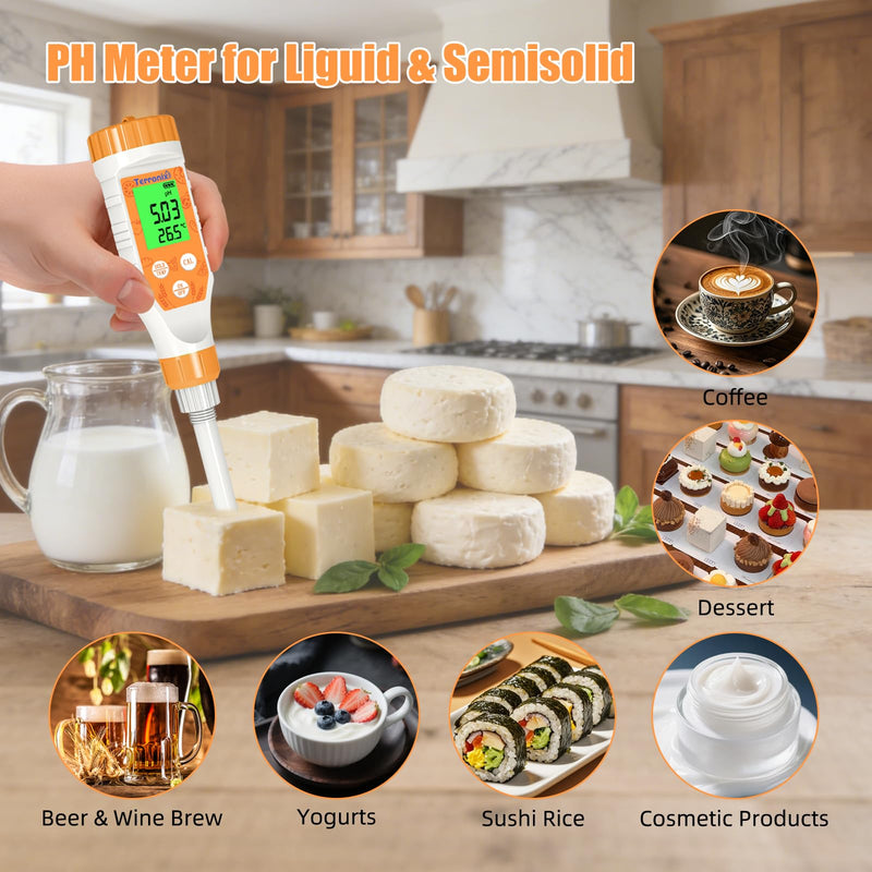 [Australia - AusPower] - Food pH Meter Digital pH Tester for Food Fermentation Canning Cooking – Accurate pH Meter for Sourdough Bread, Cheese, Hot Sauce, Yogurt – Smart Water Resistant Food Orange 