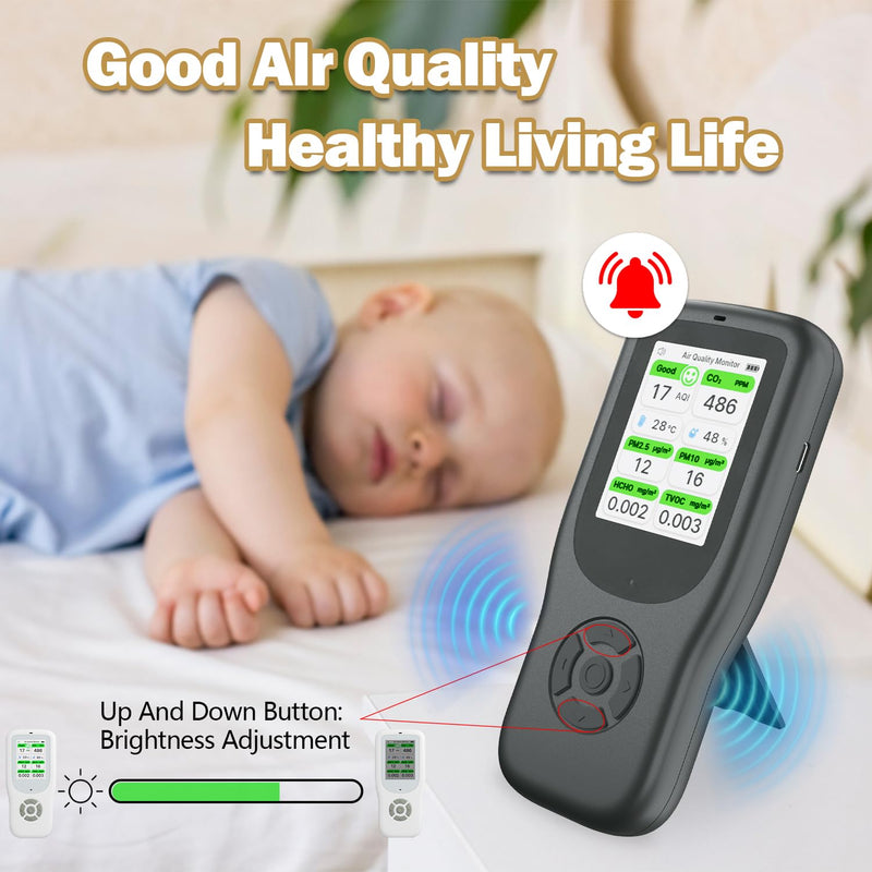 [Australia - AusPower] - 11-in-1 Air Quality Monitor - Portable Indoor Air Quality Detector with Stand, Real-Time Test for AQI, CO2, PM2.5, PM1.0, PM10, TVOC, HCHO, Particles, Temperature & Humidity with Aler (Black-White) Black-White 