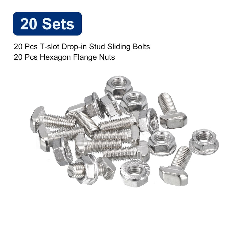 [Australia - AusPower] - uxcell M8x20mm T Slot Drop-in Bolt and M8 Hexagon Flange Nut Set, 20 Sets Hammer Head T-Bolt T Shape Stud Sliding Screw for 30 Series Aluminum Profile 