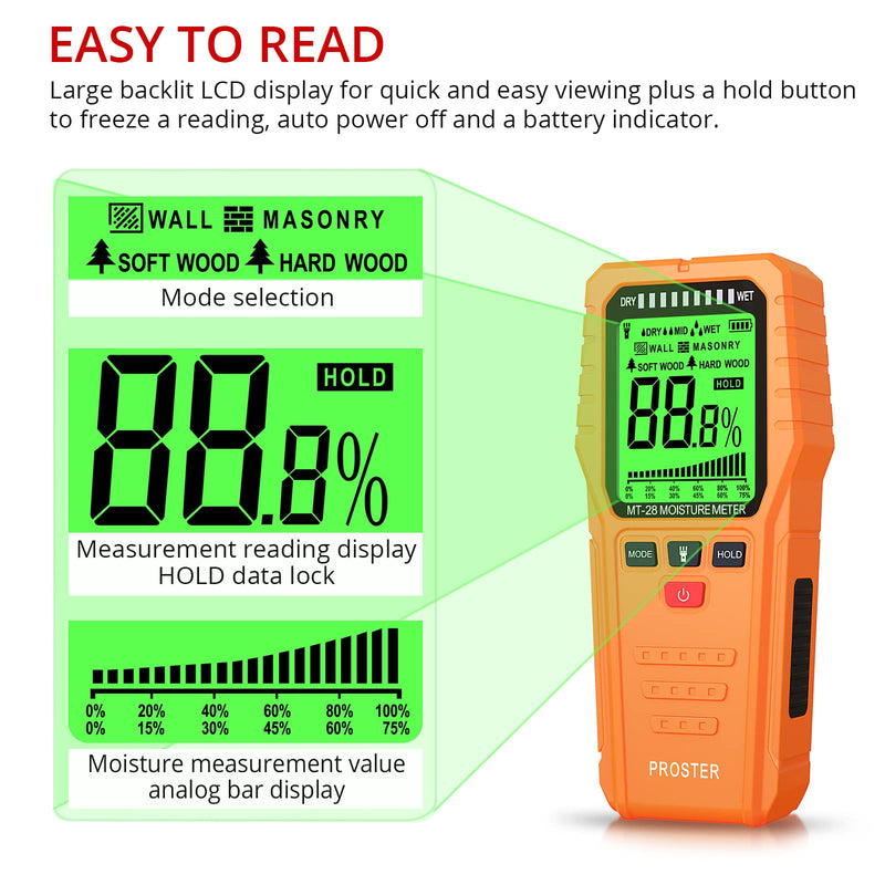 [Australia - AusPower] - Proster Pinless Wood Moisture Meter, Non-Destructive Moisture Detector Moisture Tester Detect up to 3/4 Inch Below Surface, Visual/Audible Alarm, with Storage Case Orange 