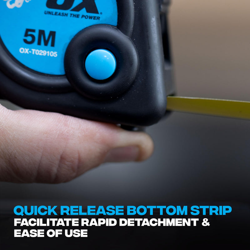 OX OX-T029105 Metric Only Trade Measure Tape, Black/Blue, 5 m | 5 m professional tape measure with 25 mm nylon blade, Duragrip rubber case
