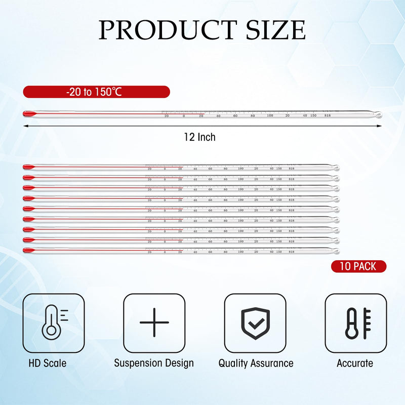 [Australia - AusPower] - 10 Pcs General Purpose Lab Thermometer 12 Inch 76mm Immersion Glass Liquid Cooking Laboratory Thermometer -20 to 150 Degrees Celsius for Hot Liquid Candle Food Beverage Precise Measurements 