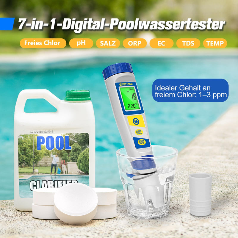 [Australia - AusPower] - UIUZMAR Digital pH and Chlorine Meter, Pool Water Tester for Whirlpool, pH and Salt Content Meter for Swimming Pools, 7 in 1 pH Salt Chlorine ORP EC TDS Temperature Tester for Hydroponics Aquariums 7 in 1 gauge 