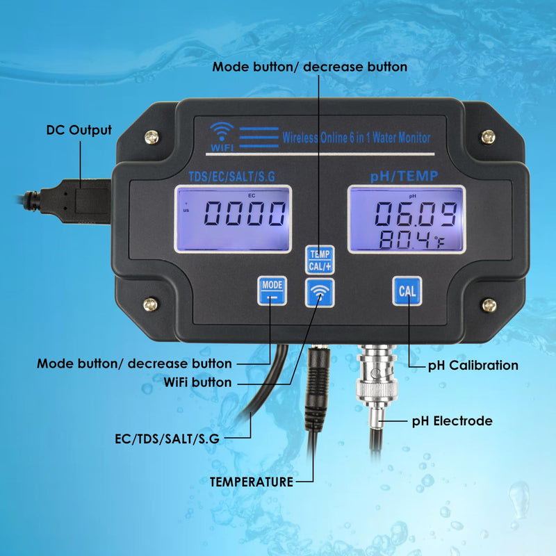 [Australia - AusPower] - 6 in1 PH Meter for Water Hydroponics Accuracy Digital PH Tester pH/EC/TDS/Salt/SG/Temperature Meter with Wireless Wi-Fi PH Monitor via Mobile APP for Household Drinking, Pool and Aquarium 