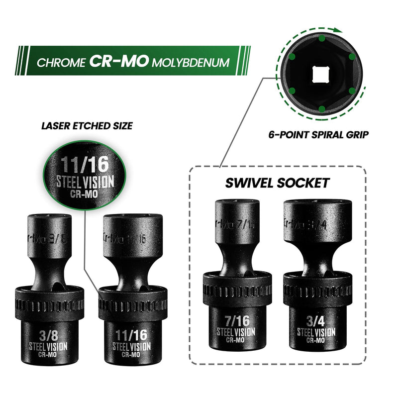 7PCS 3/8" Drive Impact Swivel Socket Set, 3/8-3/4 in Universal Swivel Sockets ，6-Point, SAE,Cr-Mo, Wobble Socket, Universal Joint Socket Set 3/8" SAE