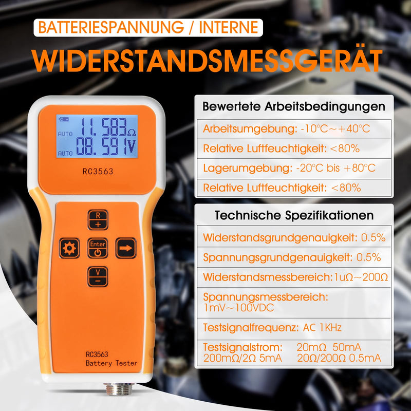 Battery Internal Resistance Tester, Measures Battery Resistance, Voltage Ohm Tester, Suitable for Home and Industry RC3563 1uΩ ~ 200 Ω/1 mV ~ ± 100 VDC (GR-T9-RC3563-B) orange