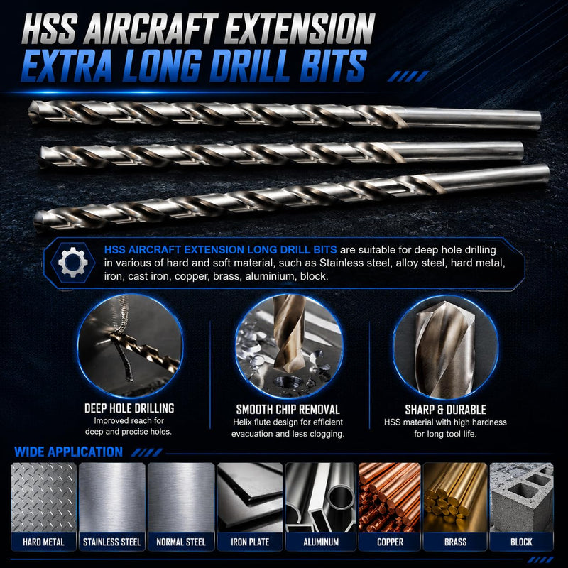 HSS Drill Bit Set 1/2 in. x 12 in. Aircraft Extension Extra Long M2 Bright Deep Hole Drill-3Pcs 1/2"x12" (3Pcs)-M2 Bright
