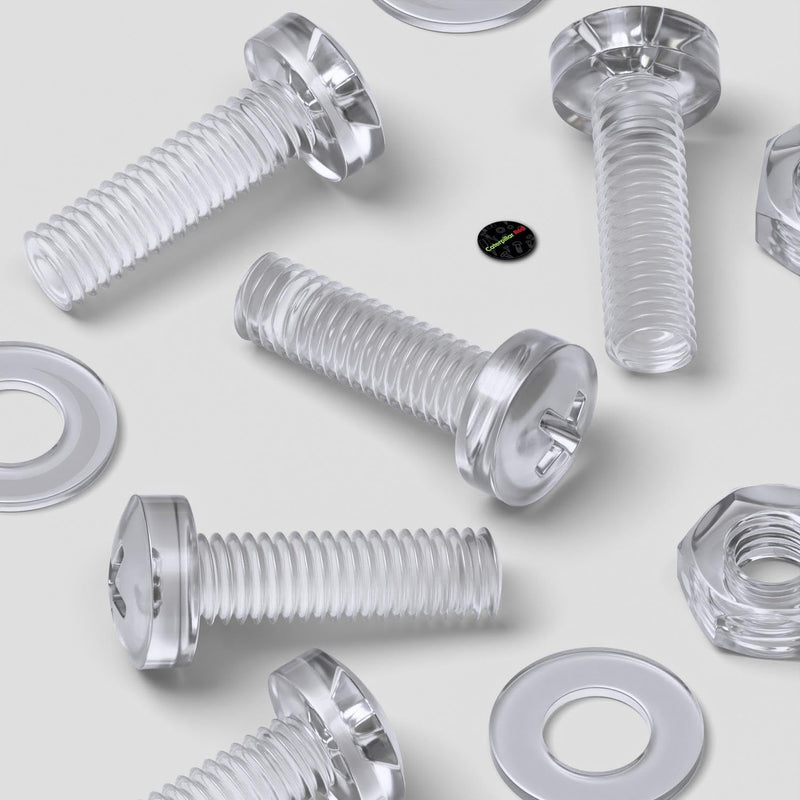 [Australia - AusPower] - 60 x Transparent Clear Plastic Acrylic, Pan Head, M3 x 10mm Nuts & Bolts, Washers -Acrylic Plastic Screws, (1/8 x 25/64 in) 