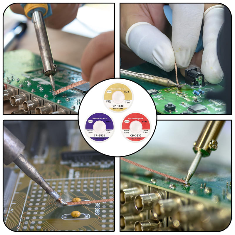 [Australia - AusPower] - Pack of 3 Desoldering Braids - Copper Desoldering Wire (1.5 mm x 3 m, 2.5 mm x 3 m, 3.5 mm x 3 m) | Ideal for Desoldering and Removing Solder at Solder Points | High Thermal Conductivity Soldering 