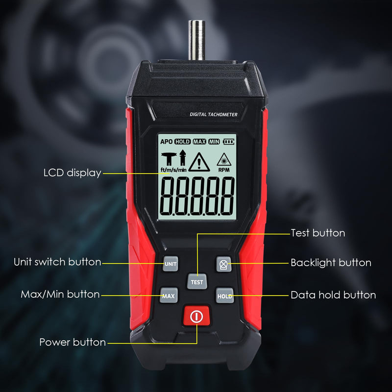 [Australia - AusPower] - 2-in-1 Digital Tachometer, Contact Tachometer with 3 to 19,999 RPM Tachometer Tester and Non-Contact Laser Photo Sensor, Contact Probes and Reflective Markings 