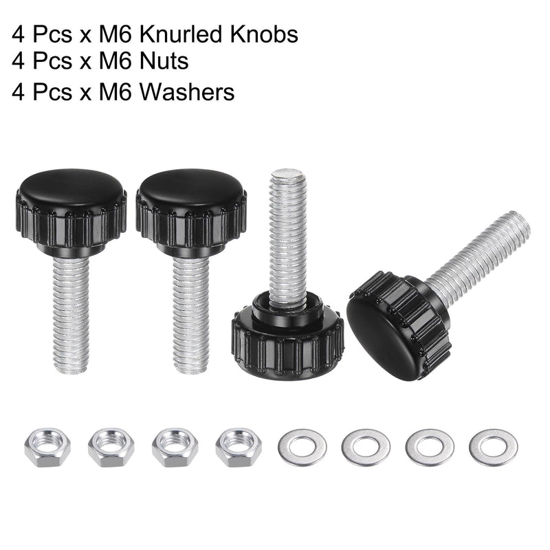 [Australia - AusPower] - uxcell 4 Set M6 x 20mm Male Thread Knurled Knobs Thumb Screws with Nuts Washers, Clamping Knob Grip 17mm Plastic Head Hand Knobs Thumbscrews, Black M6 x 20mmx 17mm 
