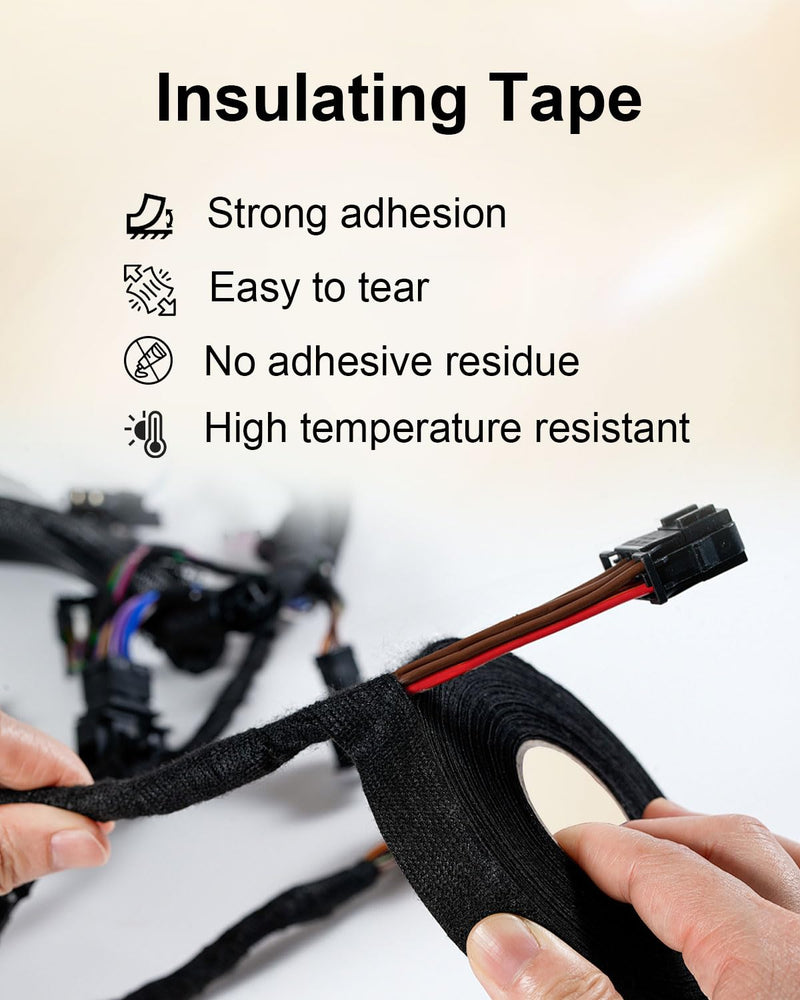 5 Rolls Automotive Wire Harness Tape, High Temp Adhesive Fabric Tape for Cars & Motorcycle - Noise Damping, Vibration Reduction, Insulation Protection, Residue-Free, Black 0.35in x 50ft