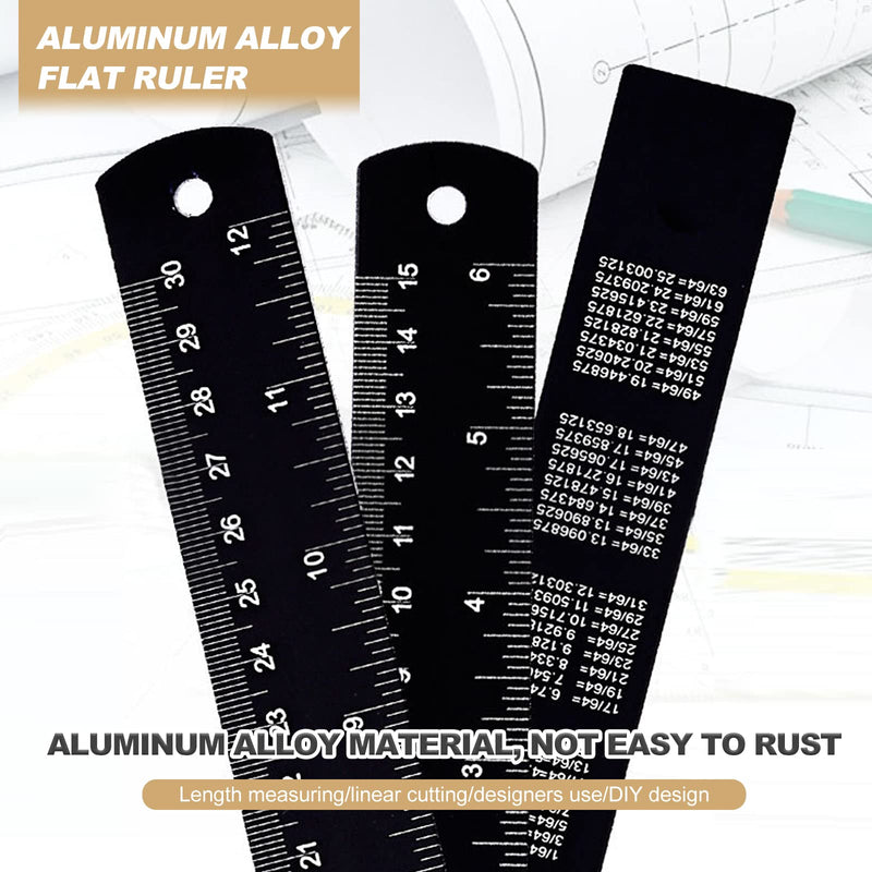 [Australia - AusPower] - Metal Ruler, 30 cm, 15 cm, Steel Ruler, Metal Ruler, Double Scale, Steel Ruler, Set of 2, Edge Measuring Tool Ruler (Black) 