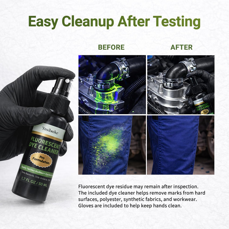 Automotive UV Leak Detector Dye Kit, 150ml High Visibility Tracer for Radiator Coolant Systems Hose Heater Core Water Pump and AC, Includes Dye Cleaner and Gloves 1 150ml+50ml