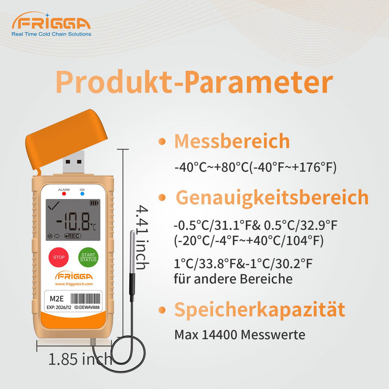 [Australia - AusPower] - Frigga M2E Multipurpose Temperature Data Logger with External Sensor USB Digital Temperature Pen 14400 Points High Accuracy PDF CSV Report 1 pack. 