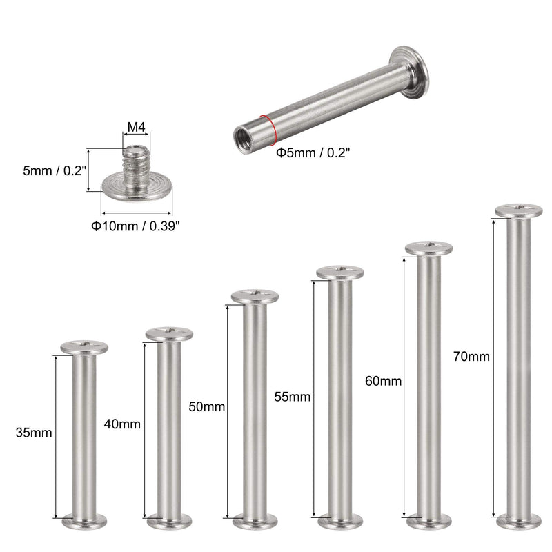 [Australia - AusPower] - uxcell 6 Sizes Phillips Screw Post Fit for 3/16"(5mm) Hole Dia, Male M4x6mm Binding Bolts Leather Album Fastener Kit Silver Tone 30 Sets 