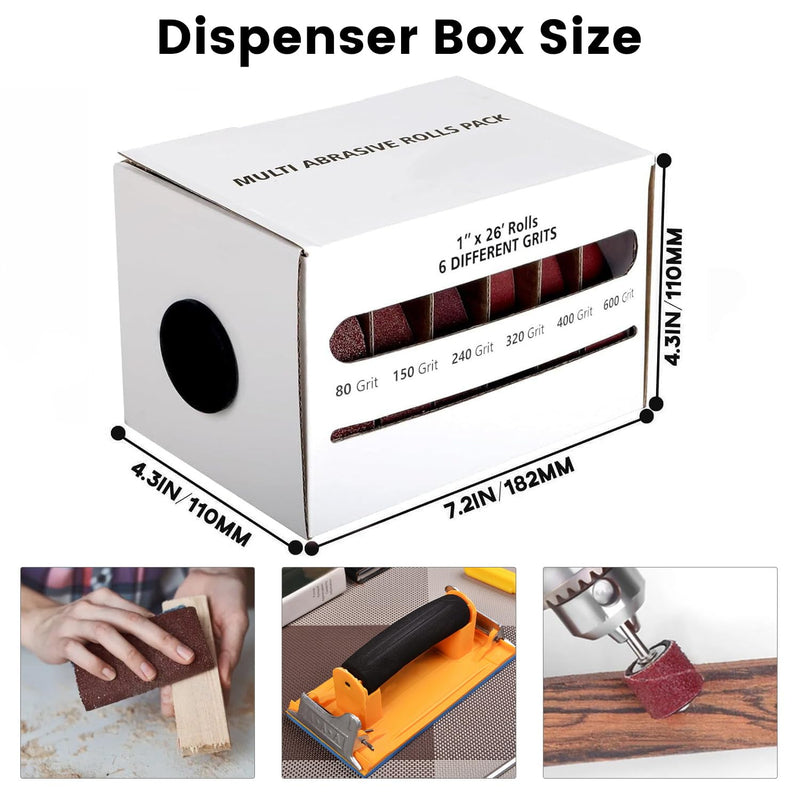 Emery Cloth Roll,6 Grits 1'' x 20FT Sandpaper Roll with Dispenser,80 150 240 320 400 600 Grit Sand Assortment,Sanding Paper Roll & Sandpaper Sheets for Metal Auto Wood Dry&Wet Polishing.(6Rolls 20FT) 6Rolls 20FT
