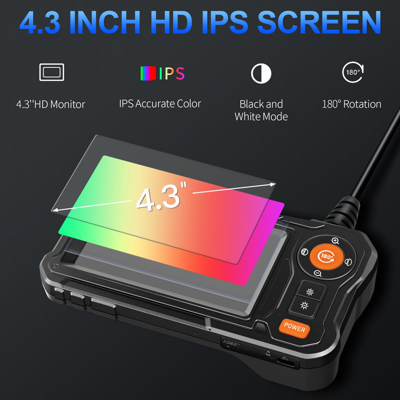 [Australia - AusPower] - Endoscope Camera with Light - 4.3" LCD Screen Inspection Camera | IP67 Waterproof Borescope with 8 Adjustable LED Lights | HD 1080P Endoscope Camera with 16.5ft Semi-Rigid Cord Gadgets for Men Black 