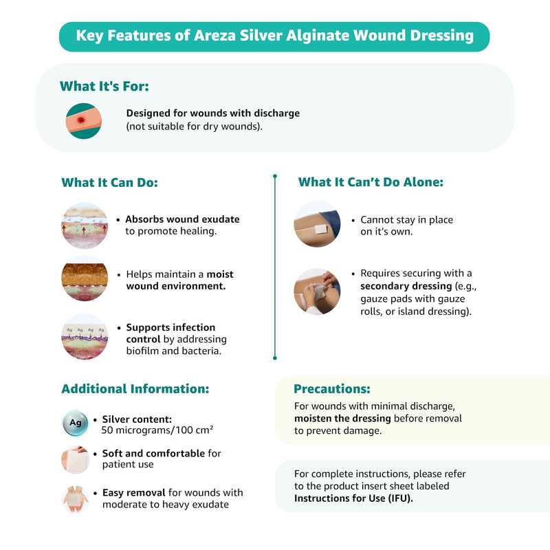 [Australia - AusPower] - Areza Medical - Silver Alginate (Antibacterial Alginate with Silver) - Sterile - Wound Dressing Pads - 4.25" X 4.25" (10.8 cm X 10.8 cm) - 20 PCS per Box - FSA/HSA Approved 