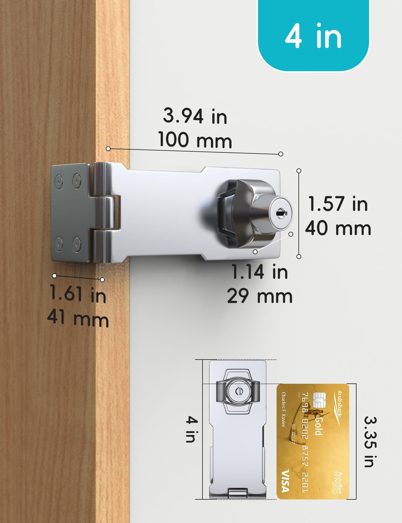 [Australia - AusPower] - Keyed Hasp Locks, cabinet locks, Twist Knob Keyed Locking Hasp for Cabinet Small Door, Zinc alloy with iron chrome plating, with Keys and screws, Silver, 4 Inches 4 Inch-1 Pack 