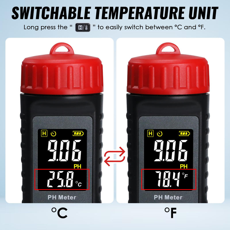 [Australia - AusPower] - Digital PH Meter with LCD Display, Temperature Measurement, Automatic Calibration, Data Hold & Backlight Alarm – High Accuracy, Auto Shutdown, ℃/℉ Switch, Rechargeable for Water Quality Testing 