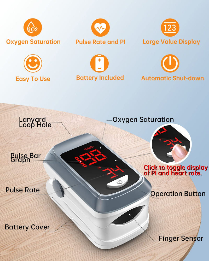 [Australia - AusPower] - Fingertip Pulse Oximeter- HOLFENRY Mini Oximeter Oxygen Saturation Monitor for SpO2/Heart Rate/PI, Oxygen Monitor Fingertip 02 Pulse Oximeter Finger, Gray 