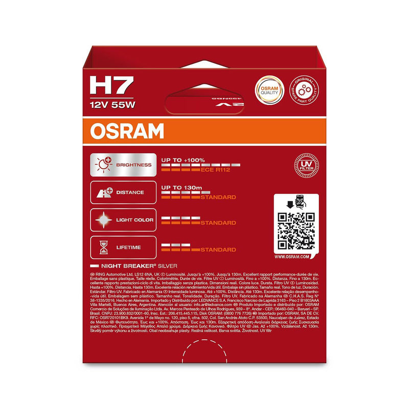 Osram Night Breaker Silver H7, +100% More Brightness, Halogen Headlight Bulb, 64210NBS-2HB, 12 V Car, Hanging Box (2 Lamps) | Halogen Headlight Bulb, 64210NBS-2HB, 12V Car, Hanging Box (2 Lamps) 2 Lamps