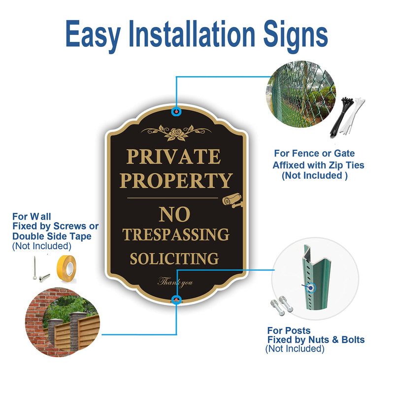 Private Property Sign No Trespassing Sign, No Soliciting Signs, CCTV IP Camera Video Surveillance Warning Metal Signs, 14 x 10 Inches Rust Free Aluminum Metal, 2 Pack
