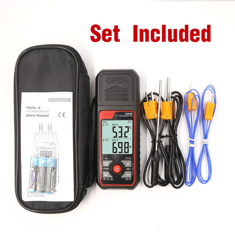 [Australia - AusPower] - Thermocouple Thermometer Digital K/J Type Temperature Thermometer w/ 4 K-Type Thermocouples, Dual-Channel HVAC Temperature Meter -328~2501℉ Measuring Range with Backlit LCD, Alarm & ADJ Compensation 