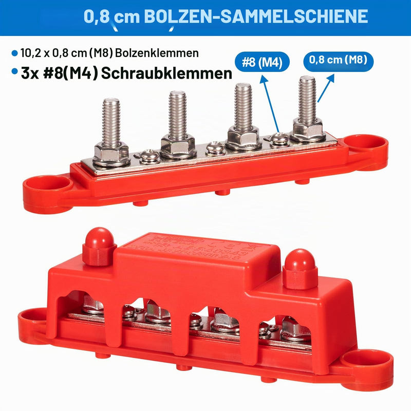 Spurtar busbar power distribution block 250A with cover, 4x M8 (5/16") clamping bolts, 3x M4 screws, 12V 24V 48V battery busbar for cars, trucks, motorhomes, boats | 250 A, 12-48 V DC, heavy duty, large design for battery systems in cars, caravans,...