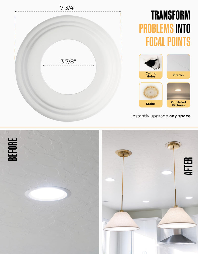 The Can Converter R56 Recessed Can Light Conversion Kit w/ 7"¾ Flat & Beveled Steel Ceiling Medallion - Home Improvement for 5" & 6" Cans, Fan & Light Fixture Converter Kit, UL Certified, White
