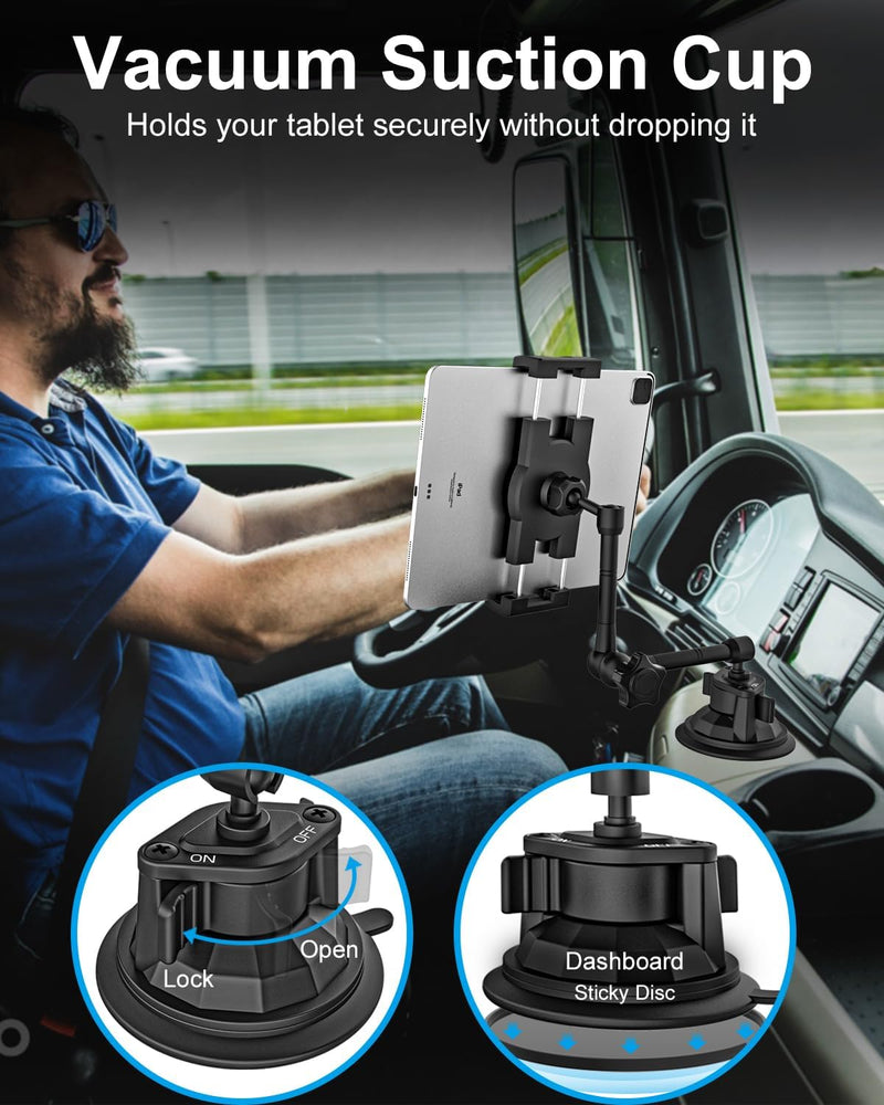 [Australia - AusPower] - Mippko Truck Tablet Holder for Dashboard Windshield Heavy Duty Mount,16.9" Long Adjustment Arm 4.33" Super Suction Cup Base,Compatible with 4.7~12.9" iPad/Samsung Tab/Nexus/LG G Pads/Fire HD/iPhone 