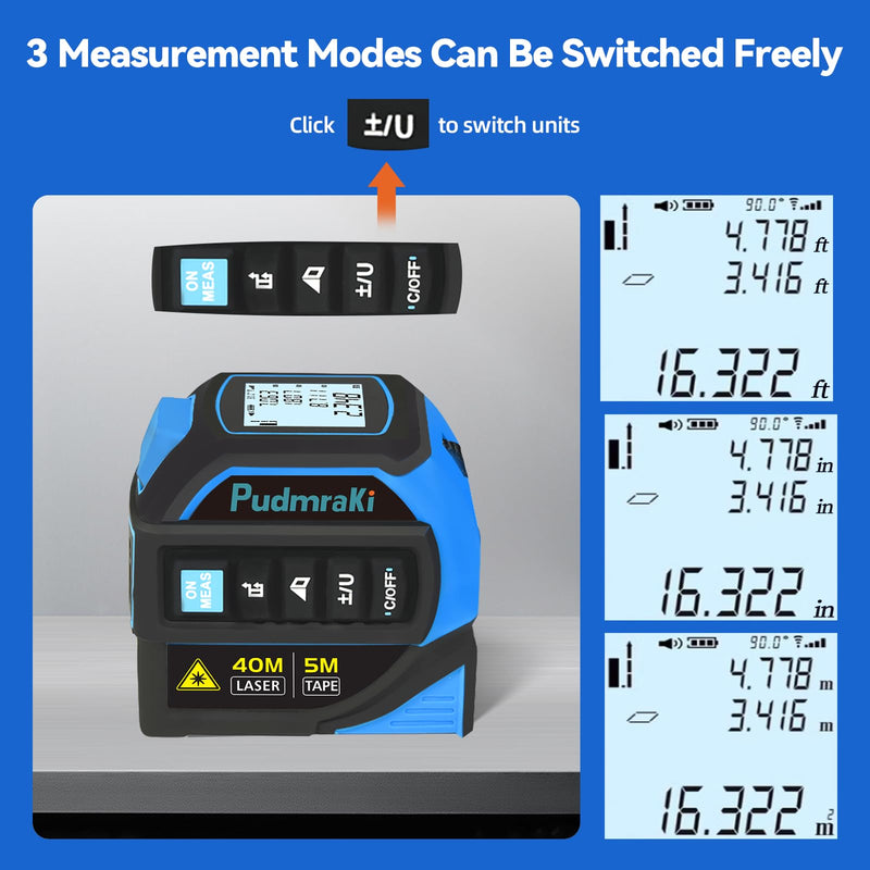 [Australia - AusPower] - 4-in-1 Laser Tape Measure 131Ft, Laser Crosshairs, 16ft Auto-Locking Tape, Digital Measurement Level, Backlit LCD Screen, Feet/Inches/Meters Unit Switching 