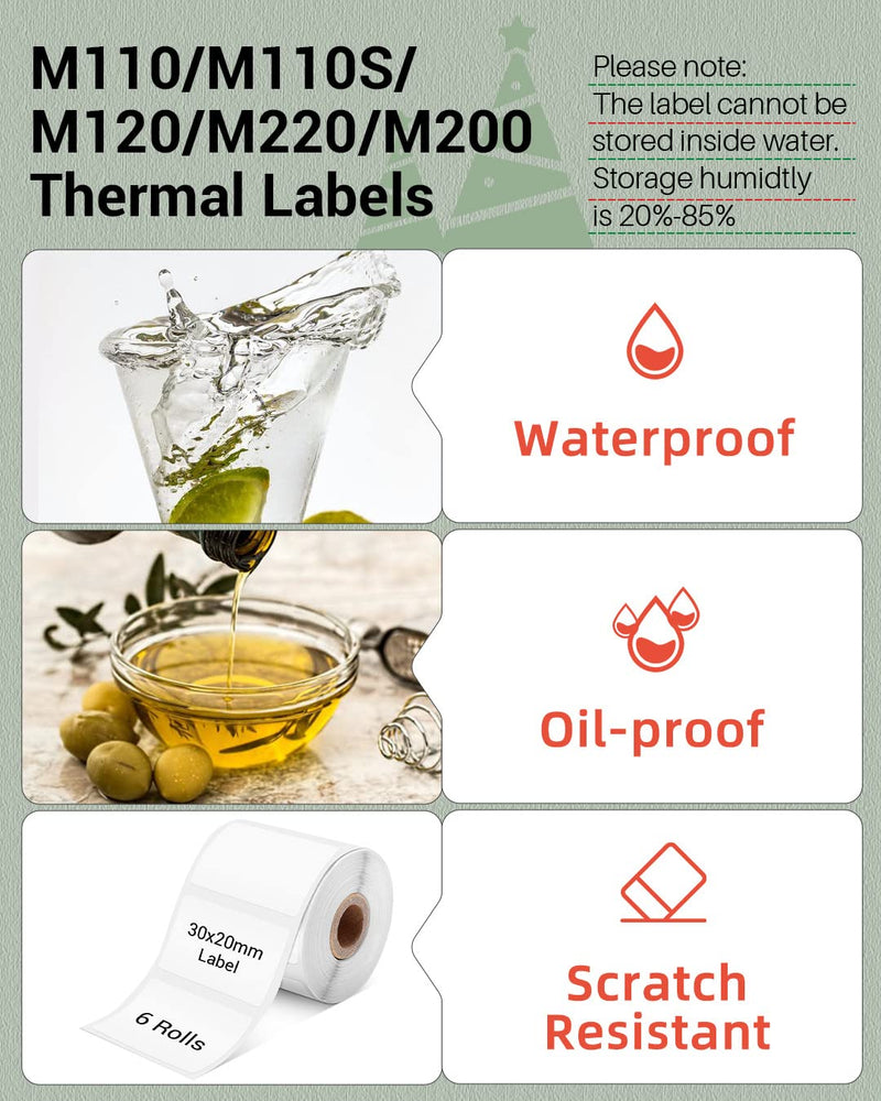 [Australia - AusPower] - Phomemo Sticker Labels 1.18" x 0.79" (30x20mm) 6 Rolls, for M110/M110S/M120/M200/M220 Printer - Black on White, for Small Business, Home, Office, 320 Labels/Roll 1.18" × 0.79" 