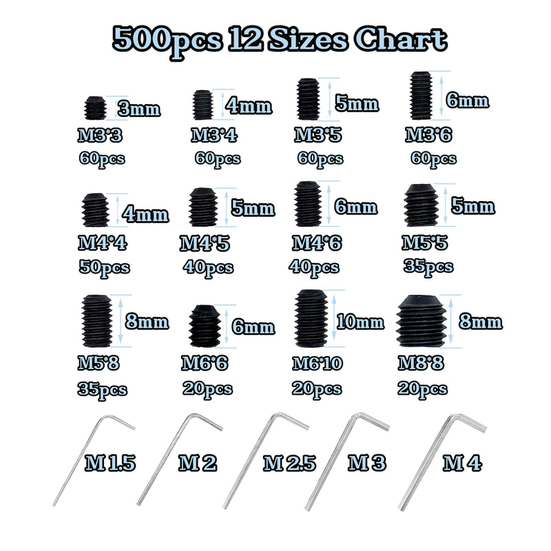 [Australia - AusPower] - 500pcs Set Screws, Set Screws Assortment Kit, Grub Screw Set M3 M4 M5 M6 M8 for Home Repair, Repair Furniture, Electronic Product, Install Door Lock, DIY, Fixtures, 12 Sizes 500pcs(12 Sizes) 